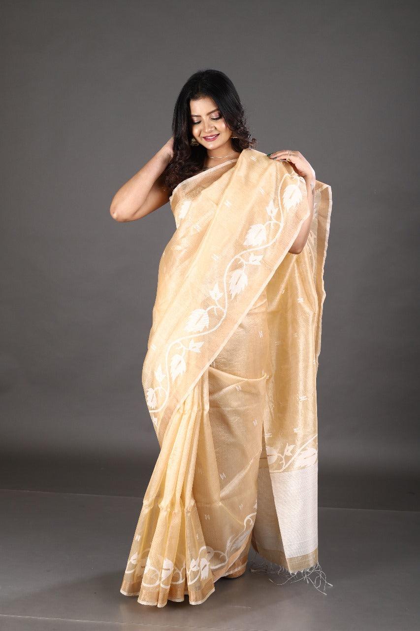 Beige colour with zari border & white floral motifs handwoven tussar silk jamdani saree - Tamal Boutique