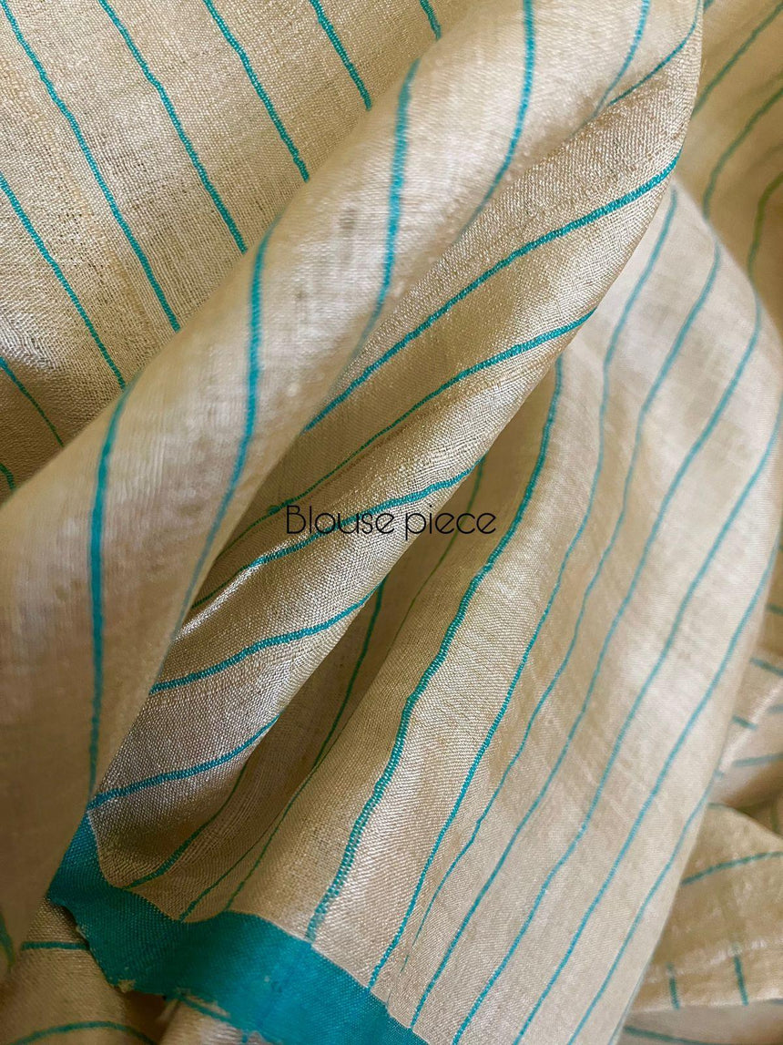 Beige with firoza border traditional handwoven jamdani saree in tusser silk - Tamal Boutique