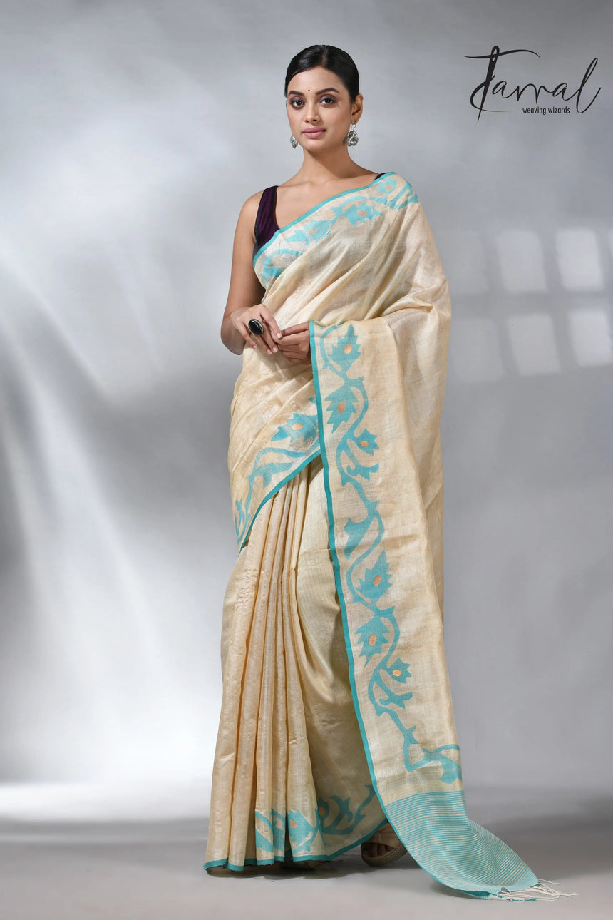 Beige with firoza lata in tusser silk handwoven jamdani saree
