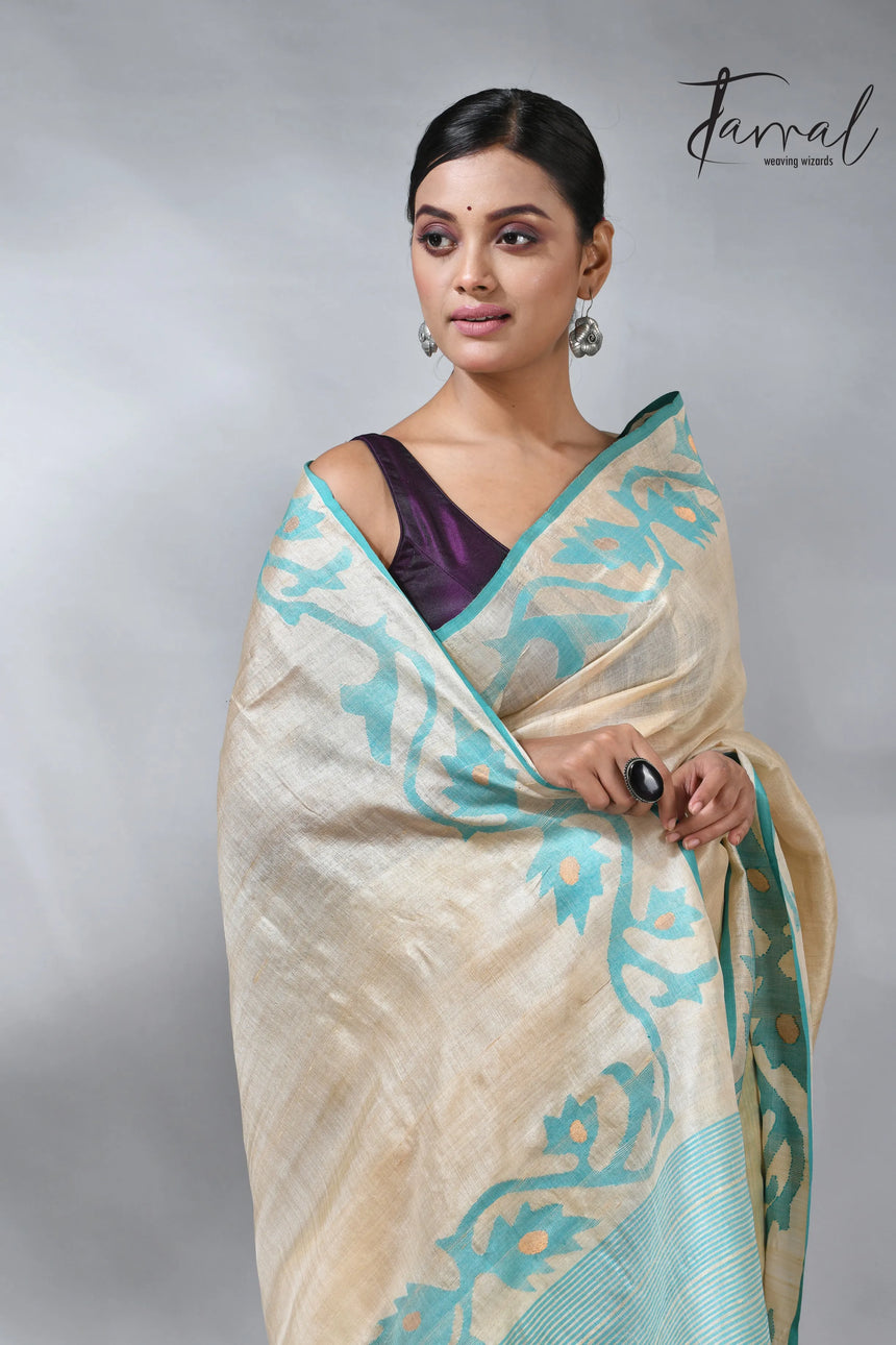 Beige with firoza lata in tusser silk handwoven jamdani saree