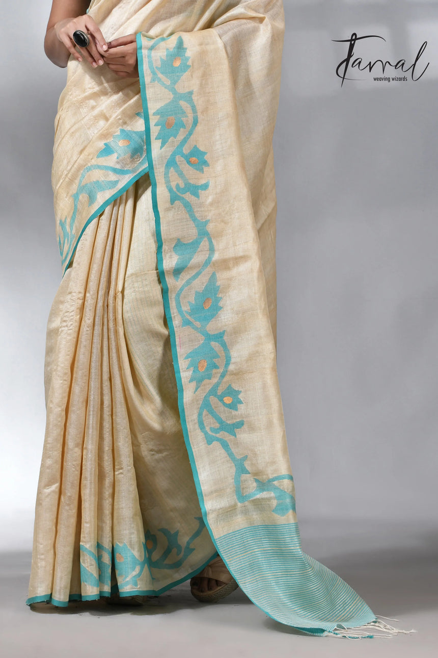 Beige with firoza lata in tusser silk handwoven jamdani saree