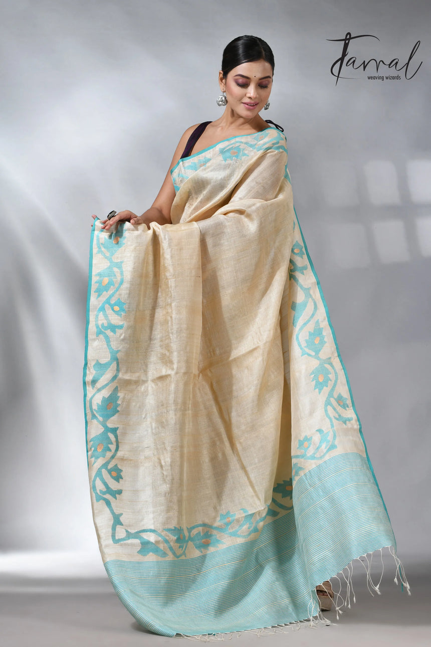 Beige with firoza lata in tusser silk handwoven jamdani saree