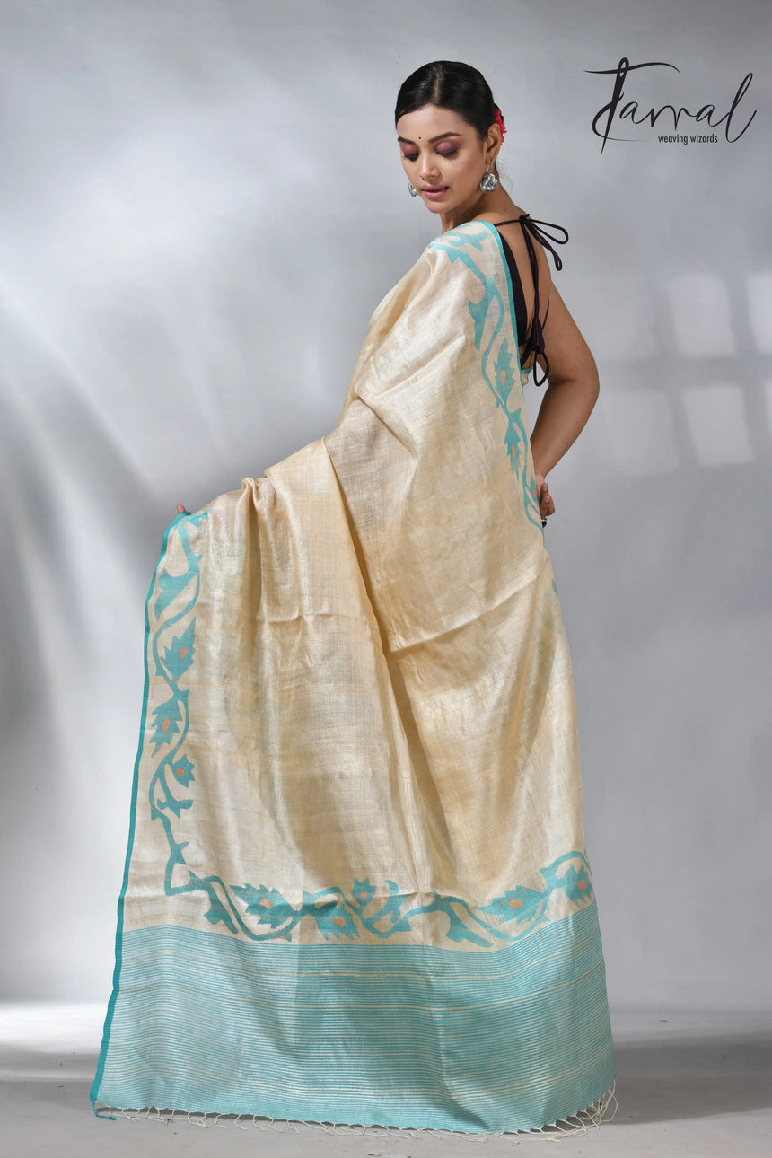 Beige with firoza lata in tusser silk handwoven jamdani saree