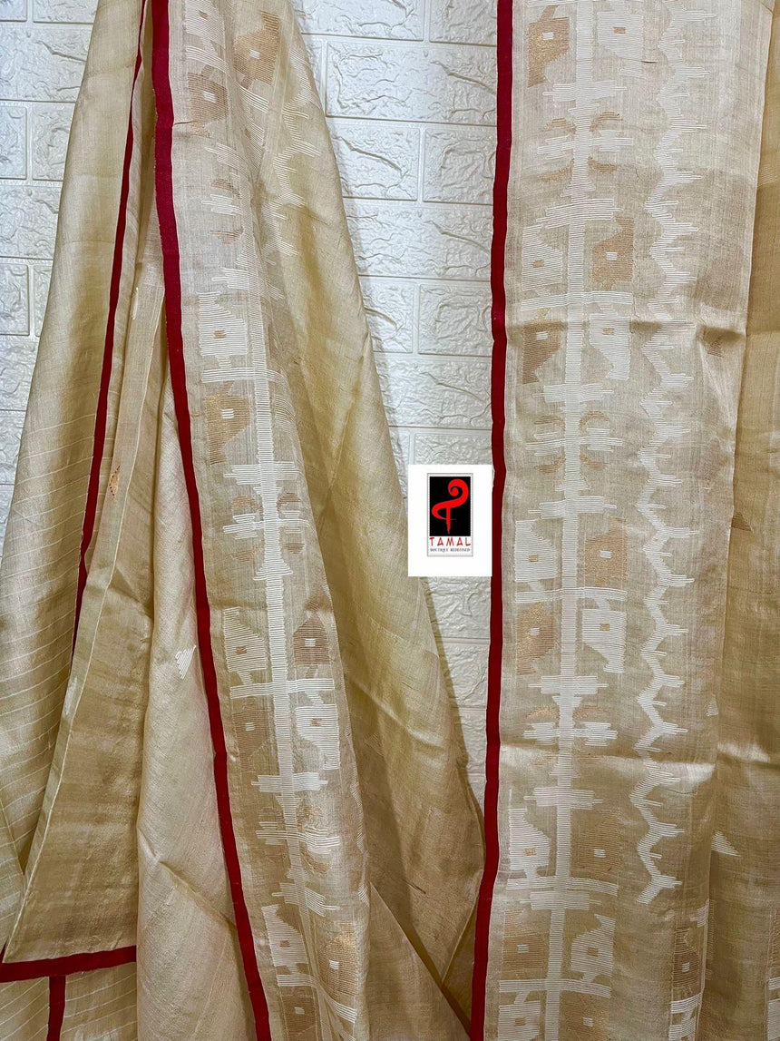Beige with red border traditional handwoven jamdani saree in tusser silk - Tamal Boutique