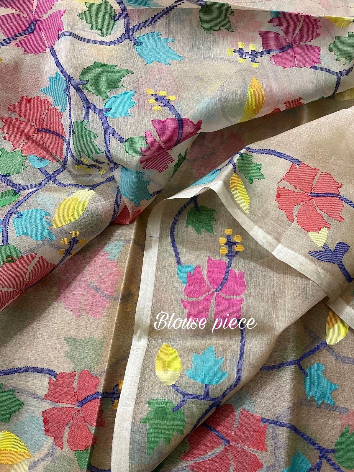 Beige with multi colour allover hibiscus motifs handwoven muslin silk jamdani saree - Tamal Boutique