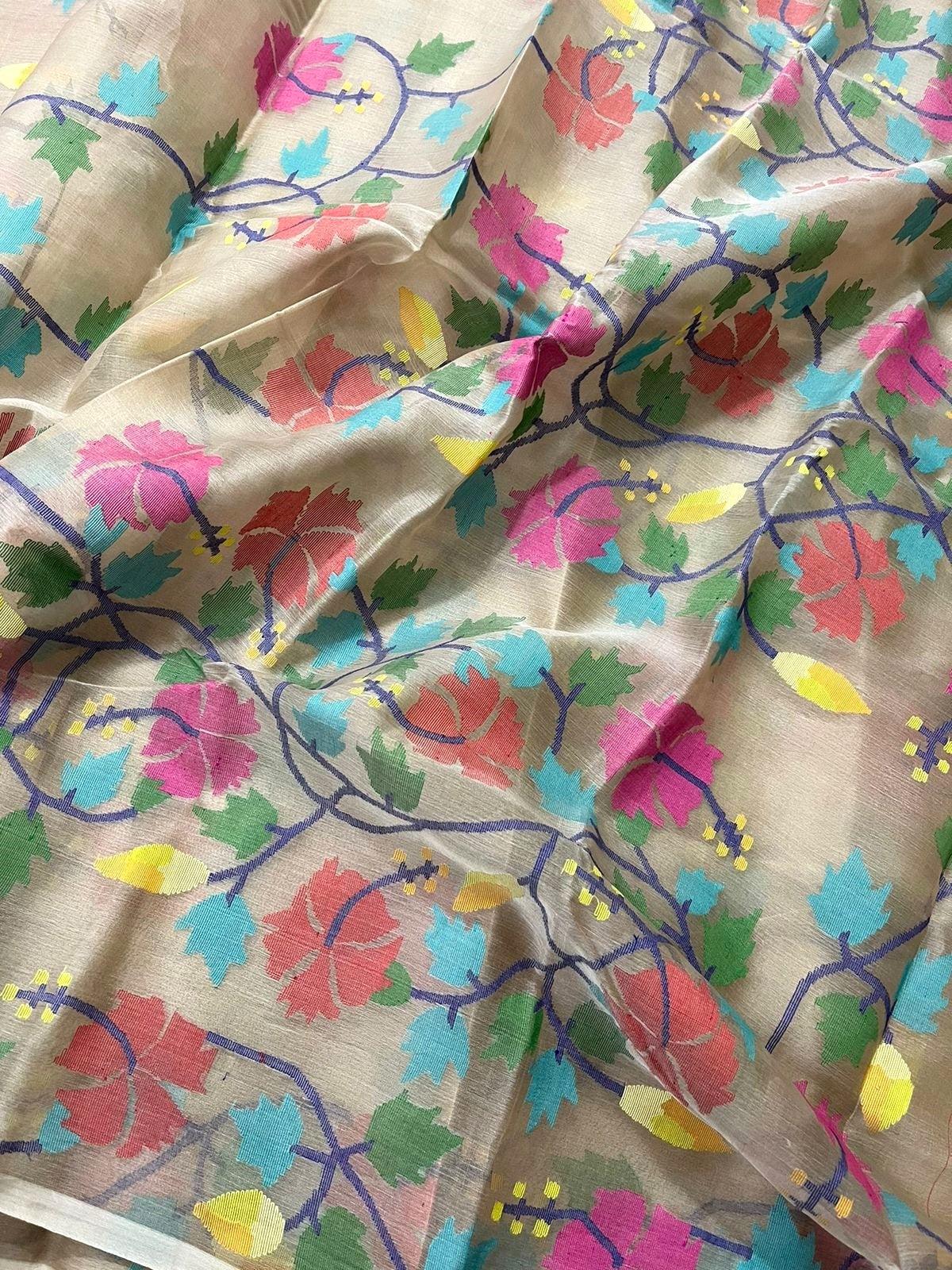 Beige with multi colour allover hibiscus motifs handwoven muslin silk jamdani saree - Tamal Boutique
