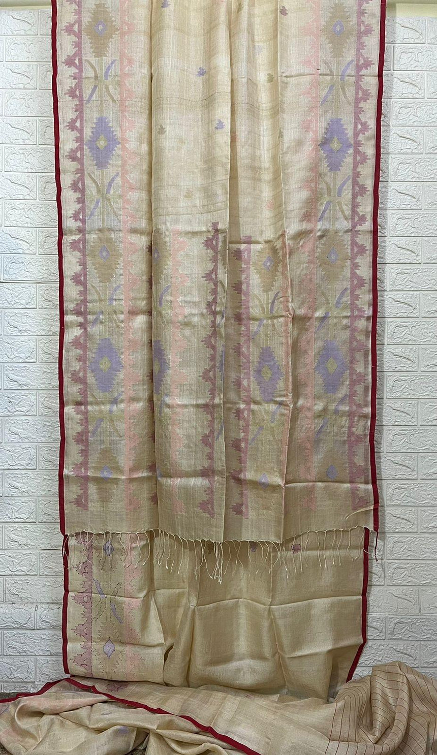 Beige with red border dhakai jamdani tussar silk handwoven jamdani saree - Tamal Boutique