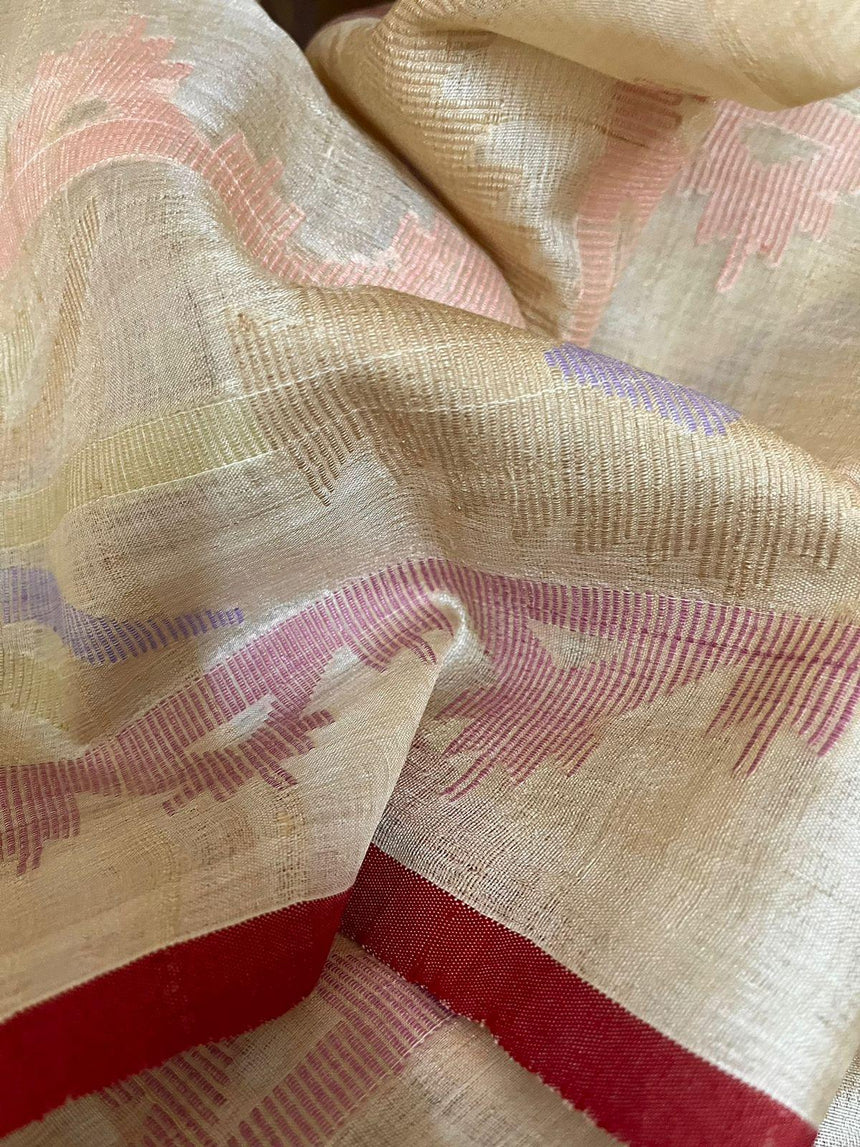 Beige with red border dhakai jamdani tussar silk handwoven jamdani saree - Tamal Boutique
