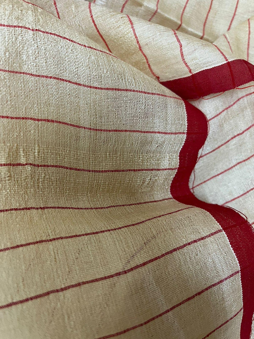 Beige with red border dhakai jamdani tussar silk handwoven jamdani saree - Tamal Boutique