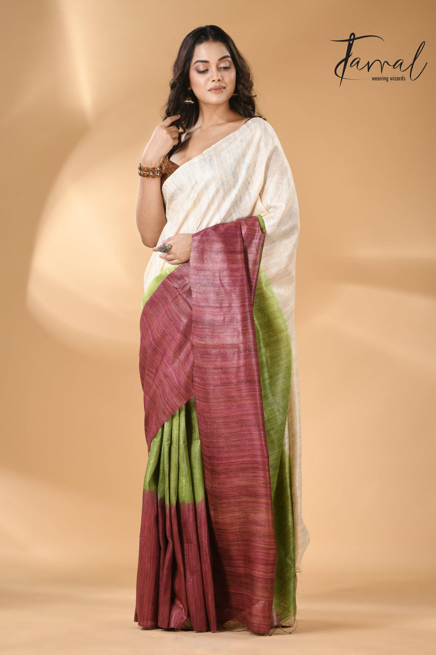 Bhagalpuri Tussar Handloom Silk Saree blend green and maroon