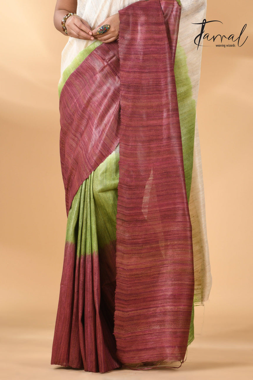 Bhagalpuri Tussar Handloom Silk Saree blend green and maroon bottom