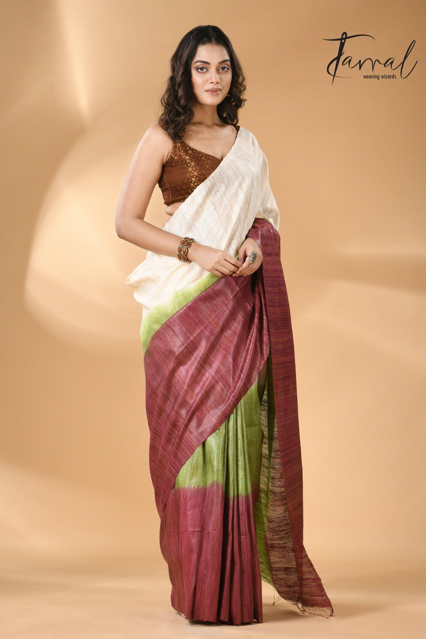 Bhagalpuri Tussar Handloom Silk Saree blend green and maroon full