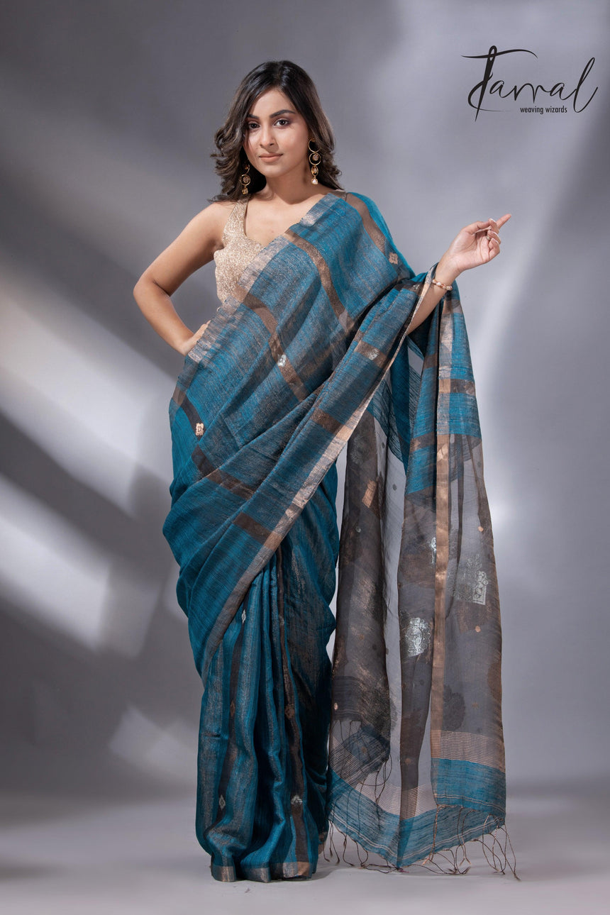 Black Pallu Tissue Matka Handloom Jamdani Saree in Peacock Blue