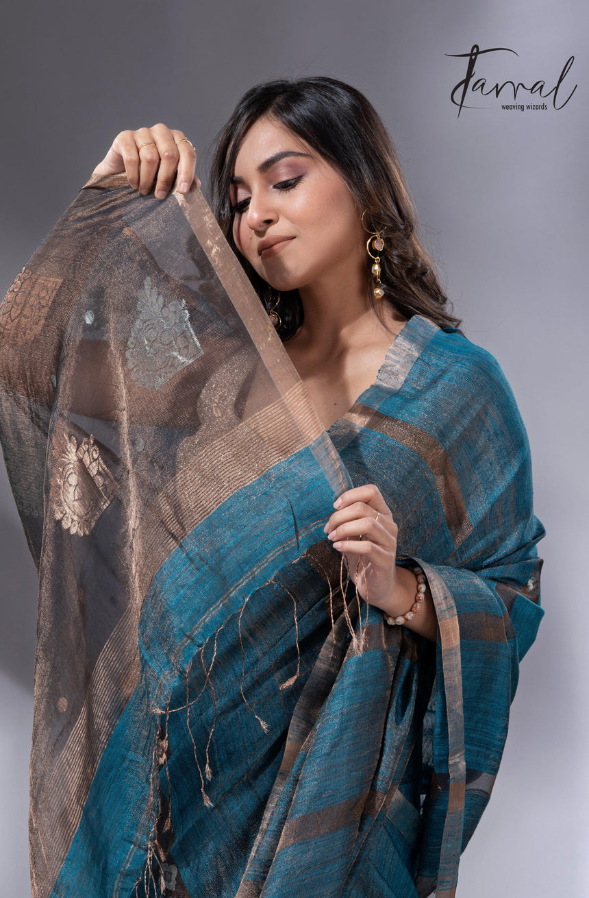 Black Pallu Tissue Matka Handloom Jamdani Saree in Peacock Blue1
