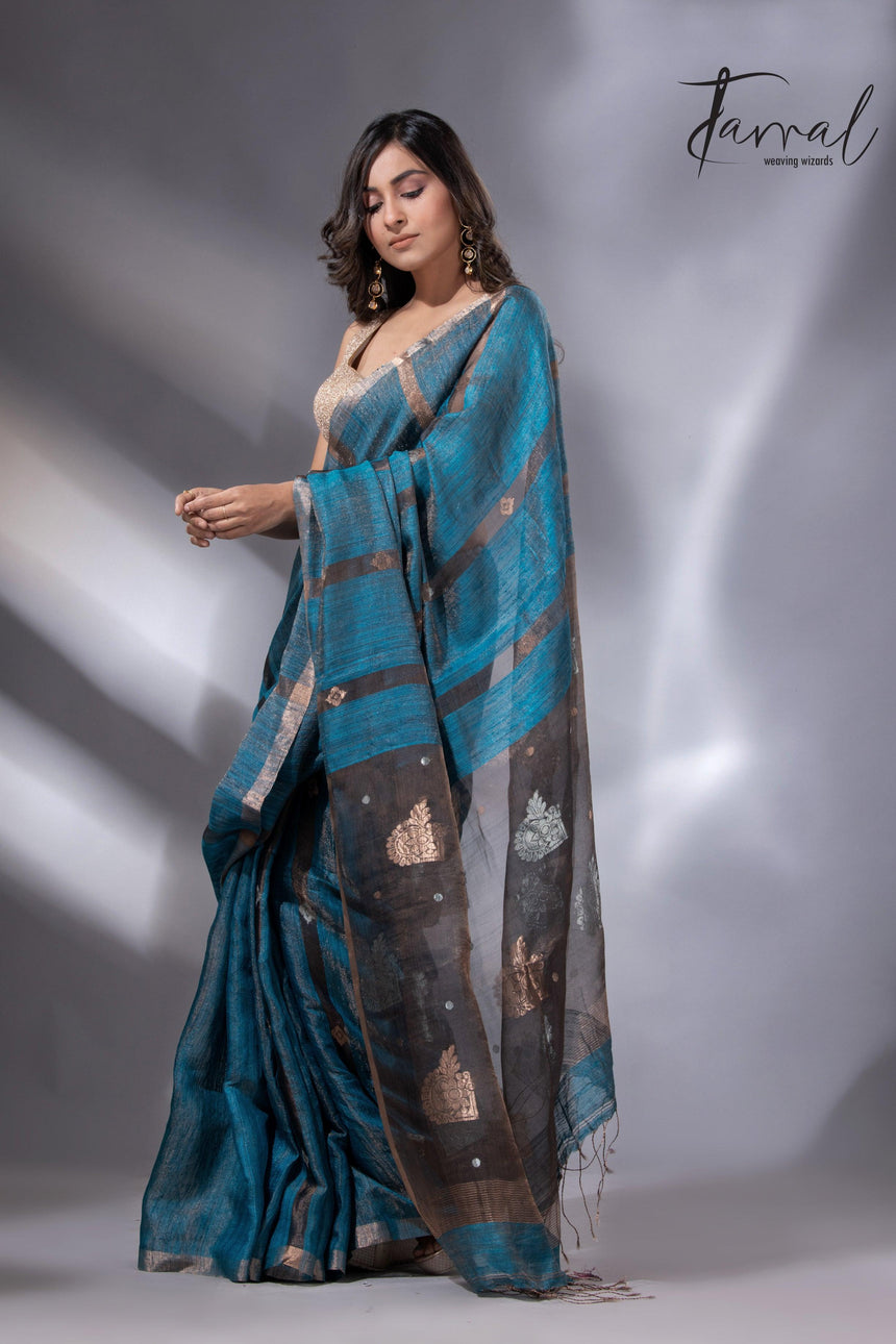 Black Pallu Tissue Matka Handloom Jamdani Saree in Peacock Blue6