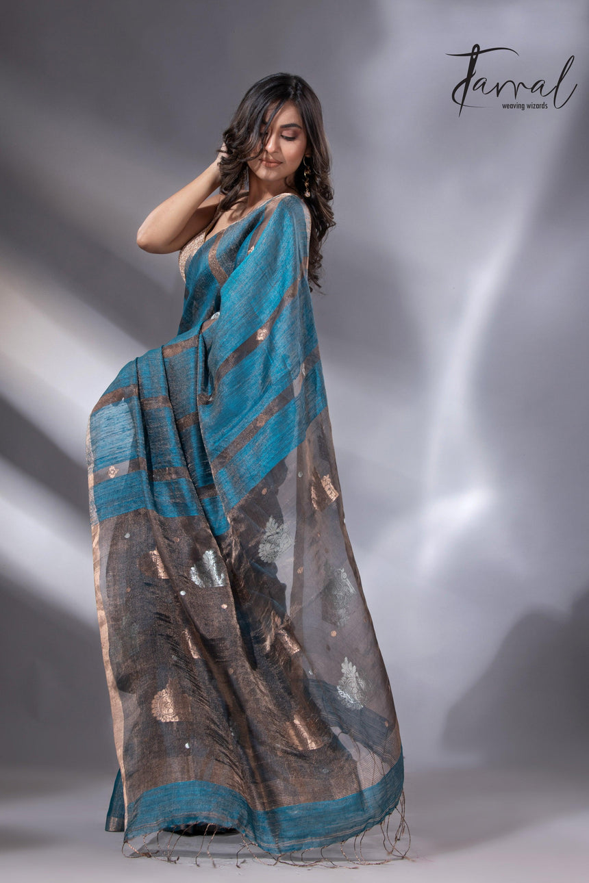 Black Pallu Tissue Matka Handloom Jamdani Saree in Peacock Blue7