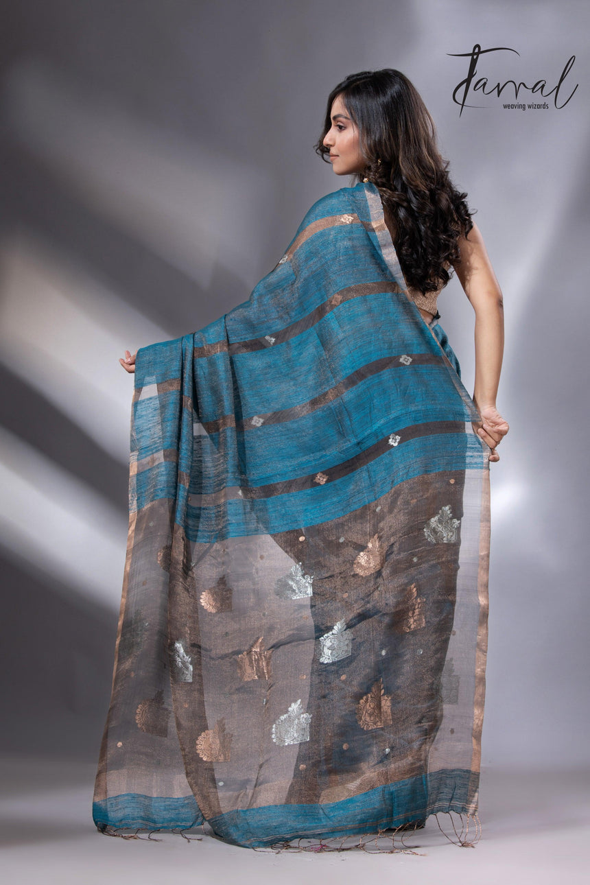 Black Pallu Tissue Matka Handloom Jamdani Saree in Peacock Blue back