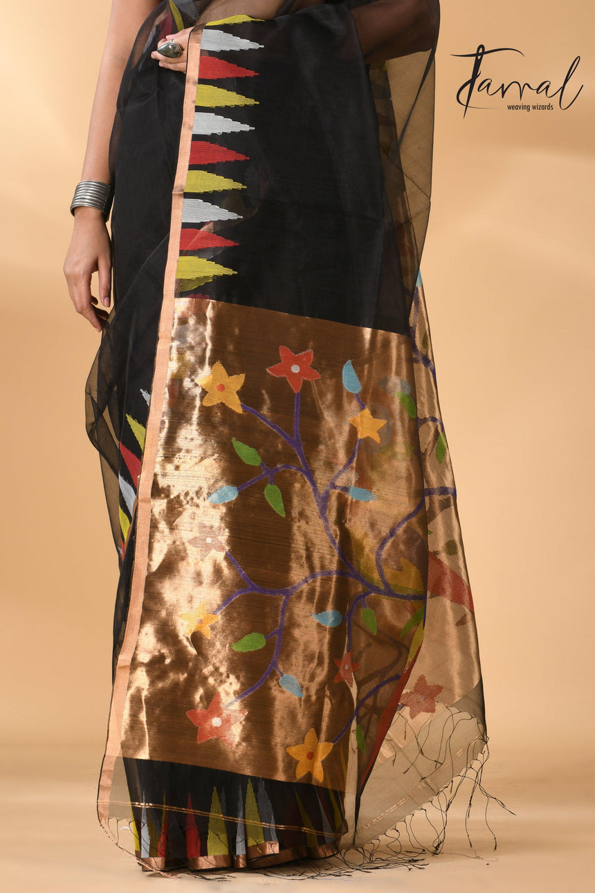 Black Parrot Paithani temple border pure muslin silk handwoven jamdani saree bottom