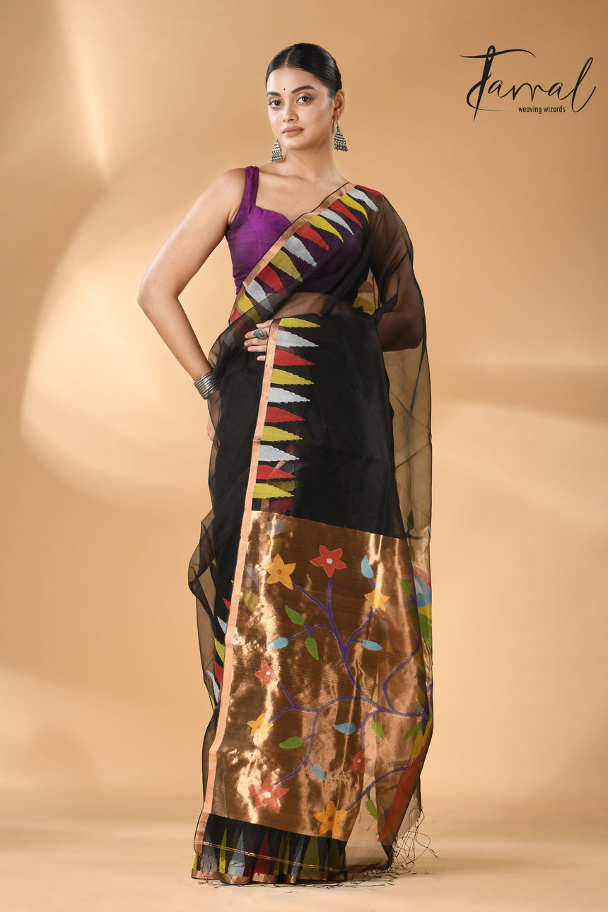 Black Parrot Paithani temple border pure muslin silk handwoven jamdani saree full