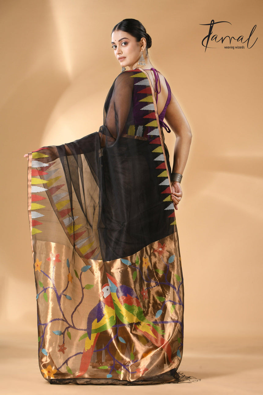 Black Parrot Paithani temple border pure muslin silk handwoven jamdani saree lback