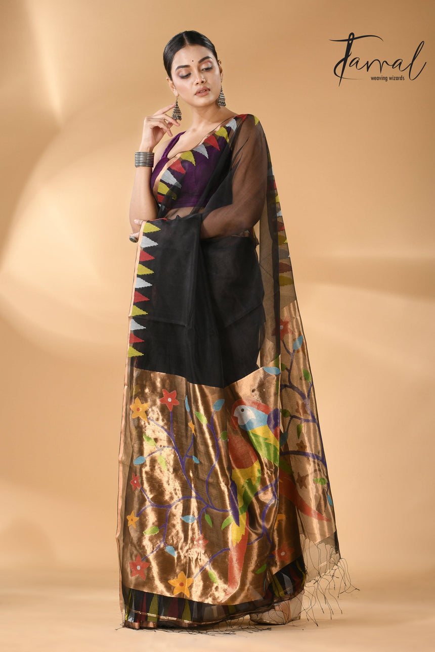 Black Parrot Paithani temple border pure muslin silk handwoven jamdani saree left