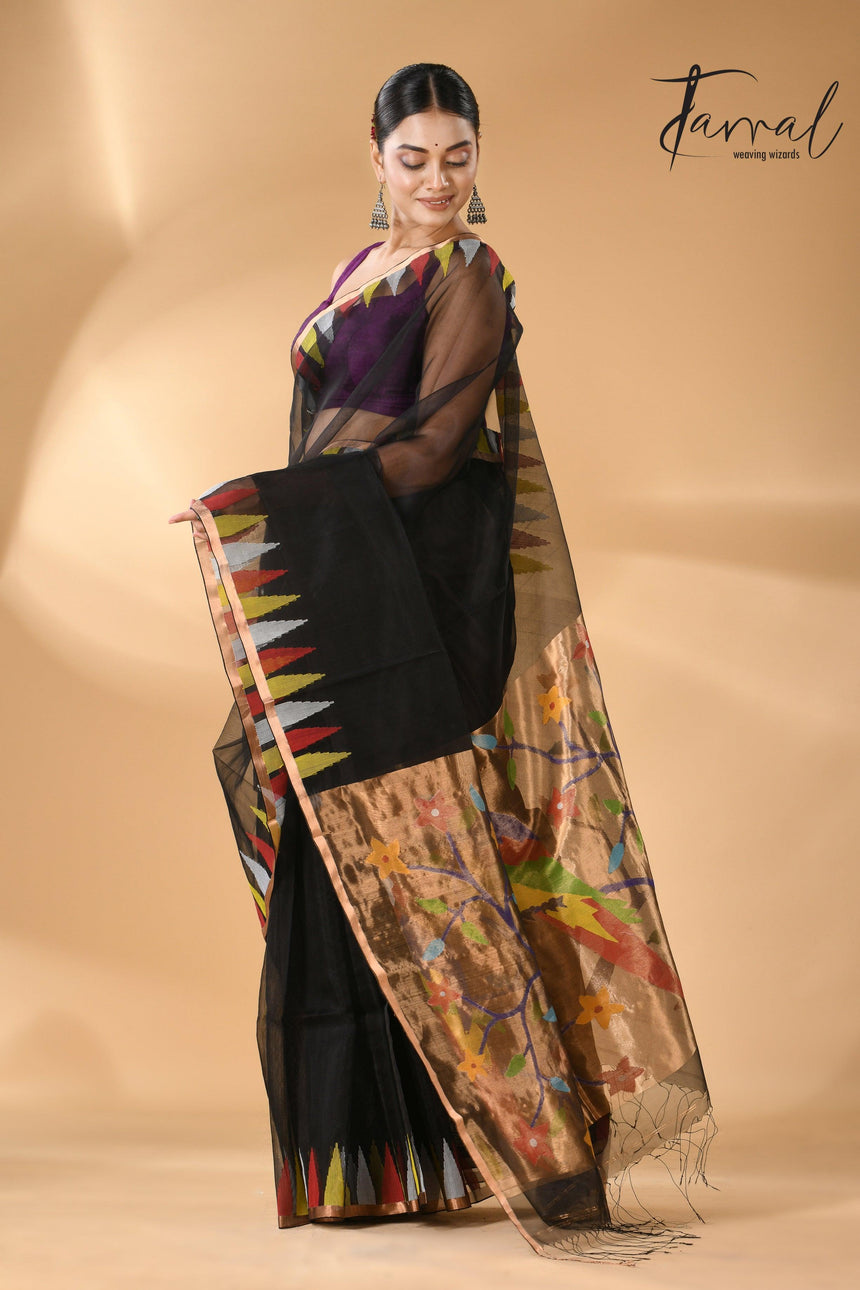 Black Parrot Paithani temple border pure muslin silk handwoven jamdani saree left3