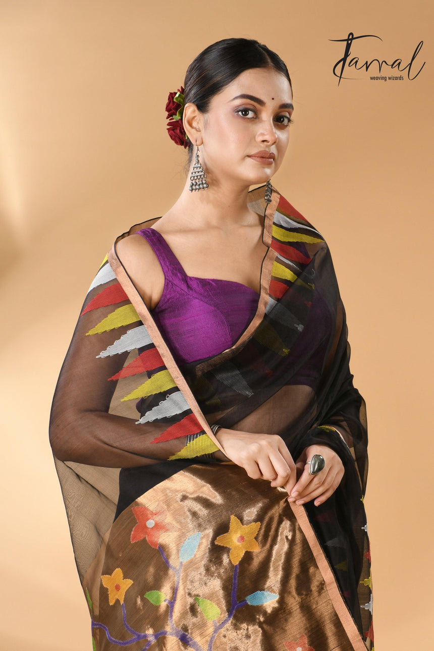 Black Parrot Paithani temple border pure muslin silk handwoven jamdani saree right