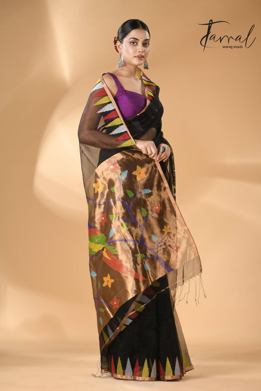 Black Parrot Paithani temple border pure muslin silk handwoven jamdani saree right2