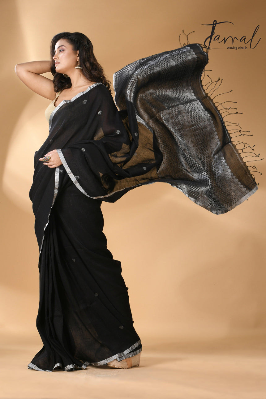 Black Pure Linen Handloom Saree with Silver Unique Border
