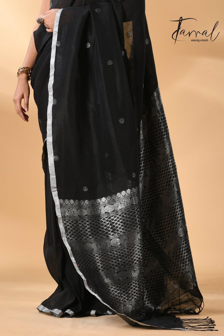 Black Pure Linen Handloom Saree with Silver Unique Border bottom