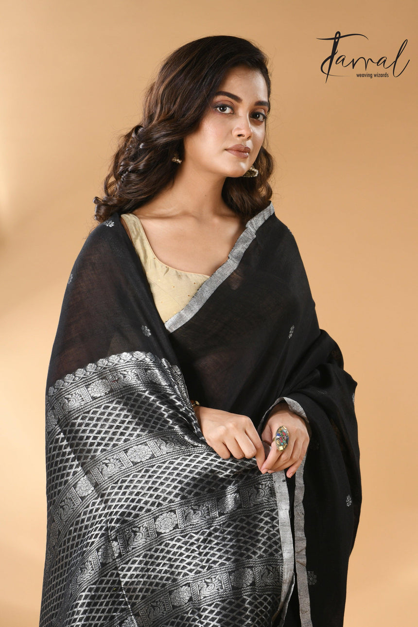 Black Pure Linen Handloom Saree with Silver Unique Border cls