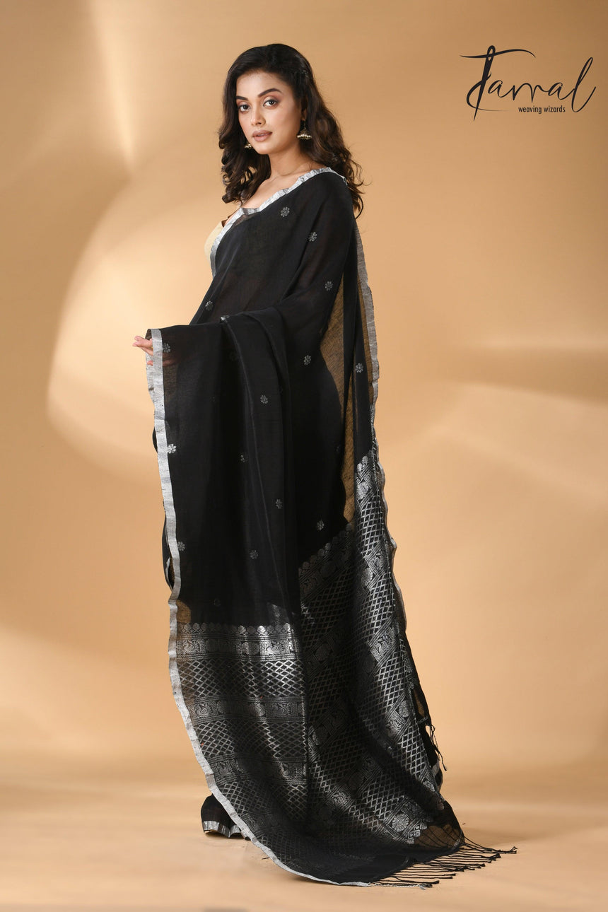 Black Pure Linen Handloom Saree with Silver Unique Border full