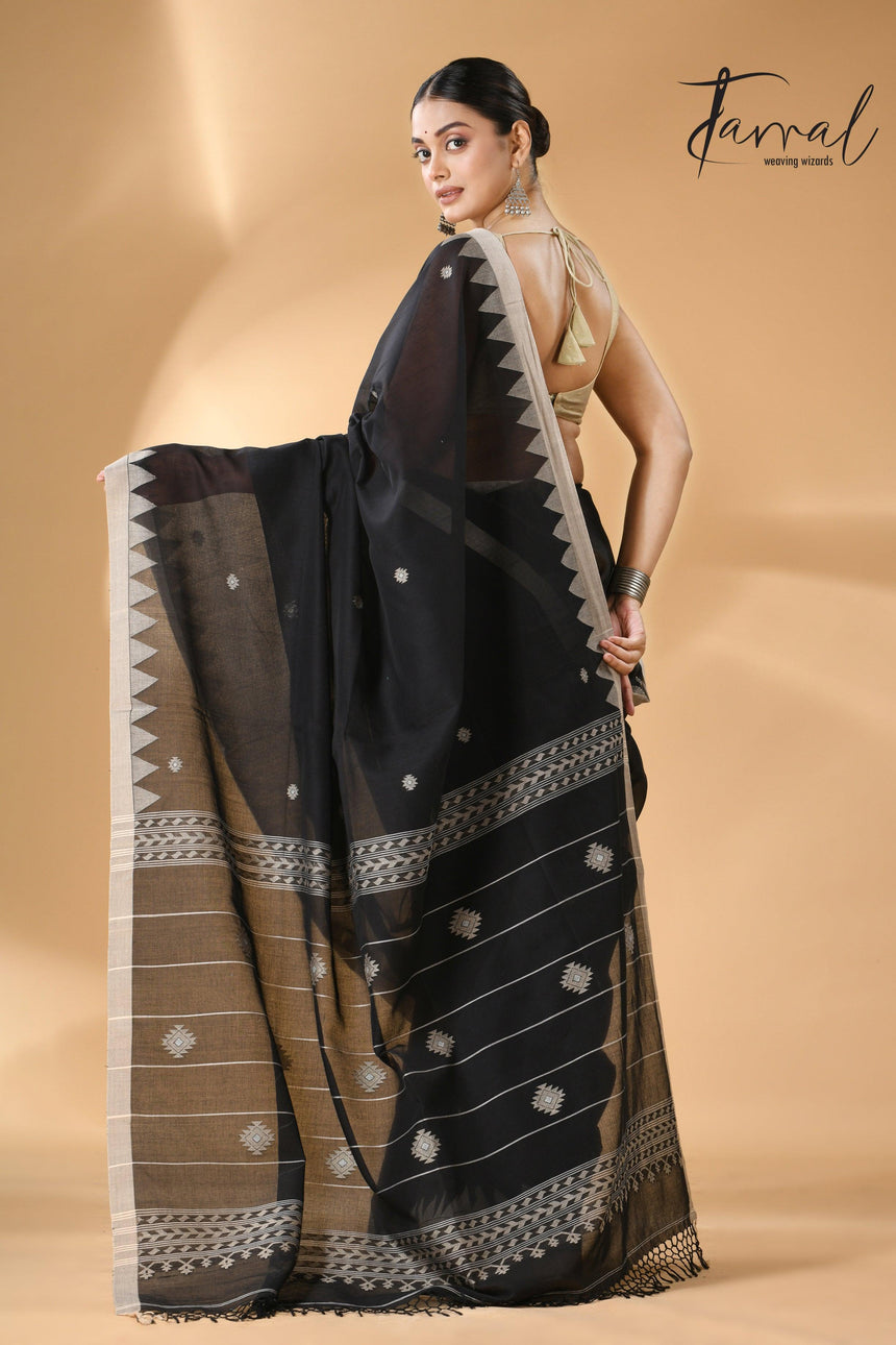 Black Temple Border Handwoven Jamdani Cotton Saree full6