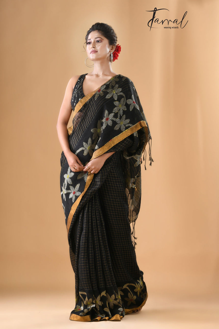 Black checks with zari border linen handloom jamdani saree - Tamal Boutique