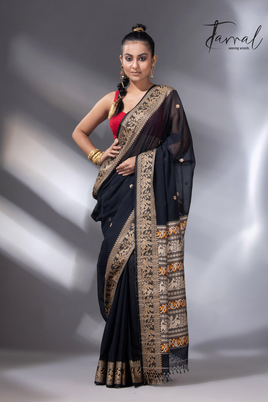 Black colour baluchari design handloom pure cotton saree