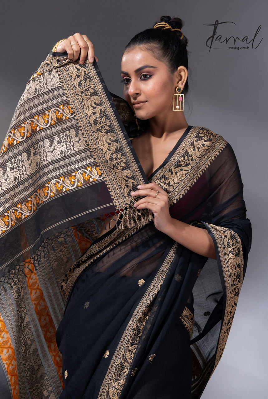 Black colour baluchari design handloom pure cotton saree