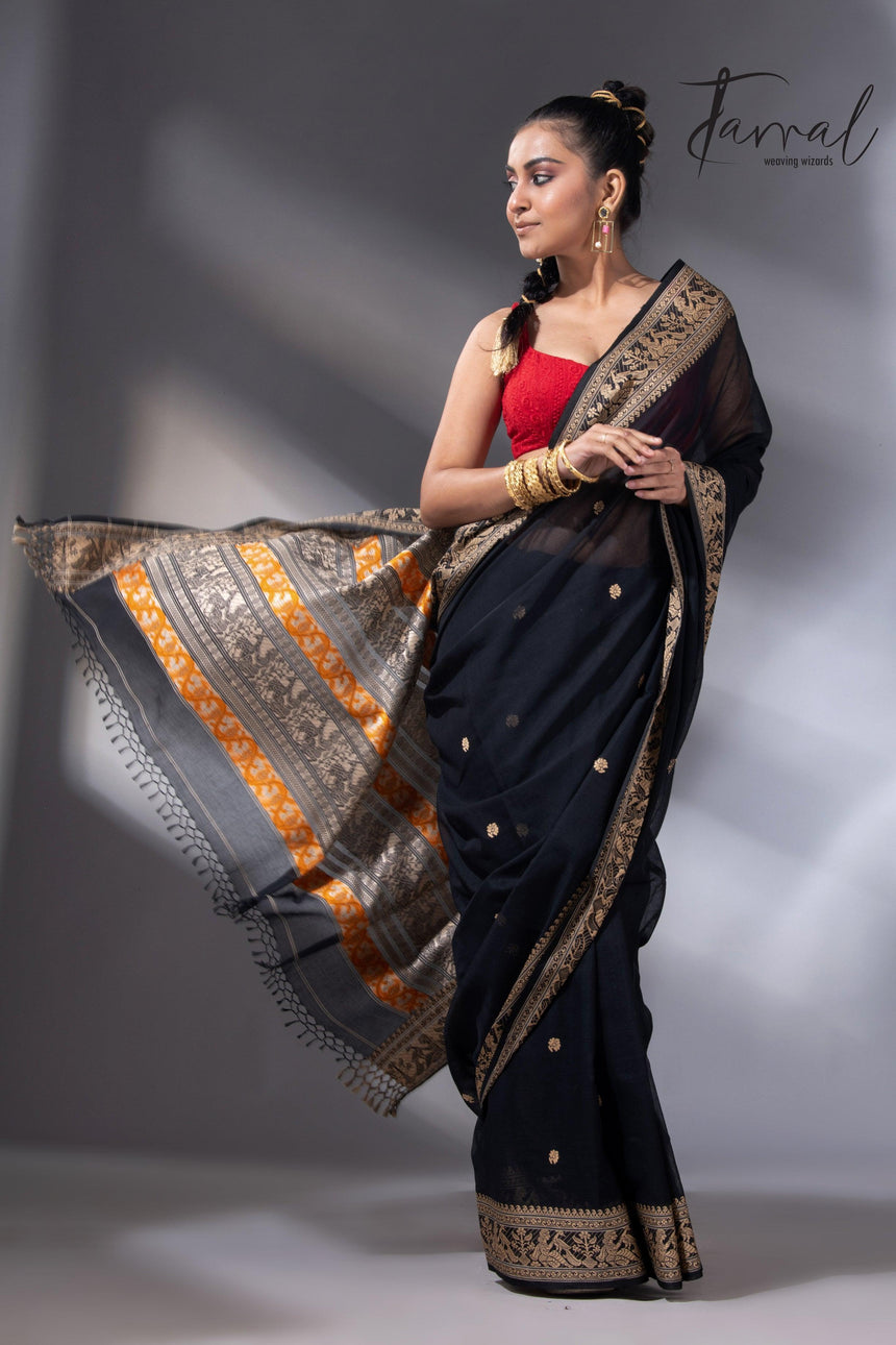 Black colour baluchari design handloom pure cotton saree