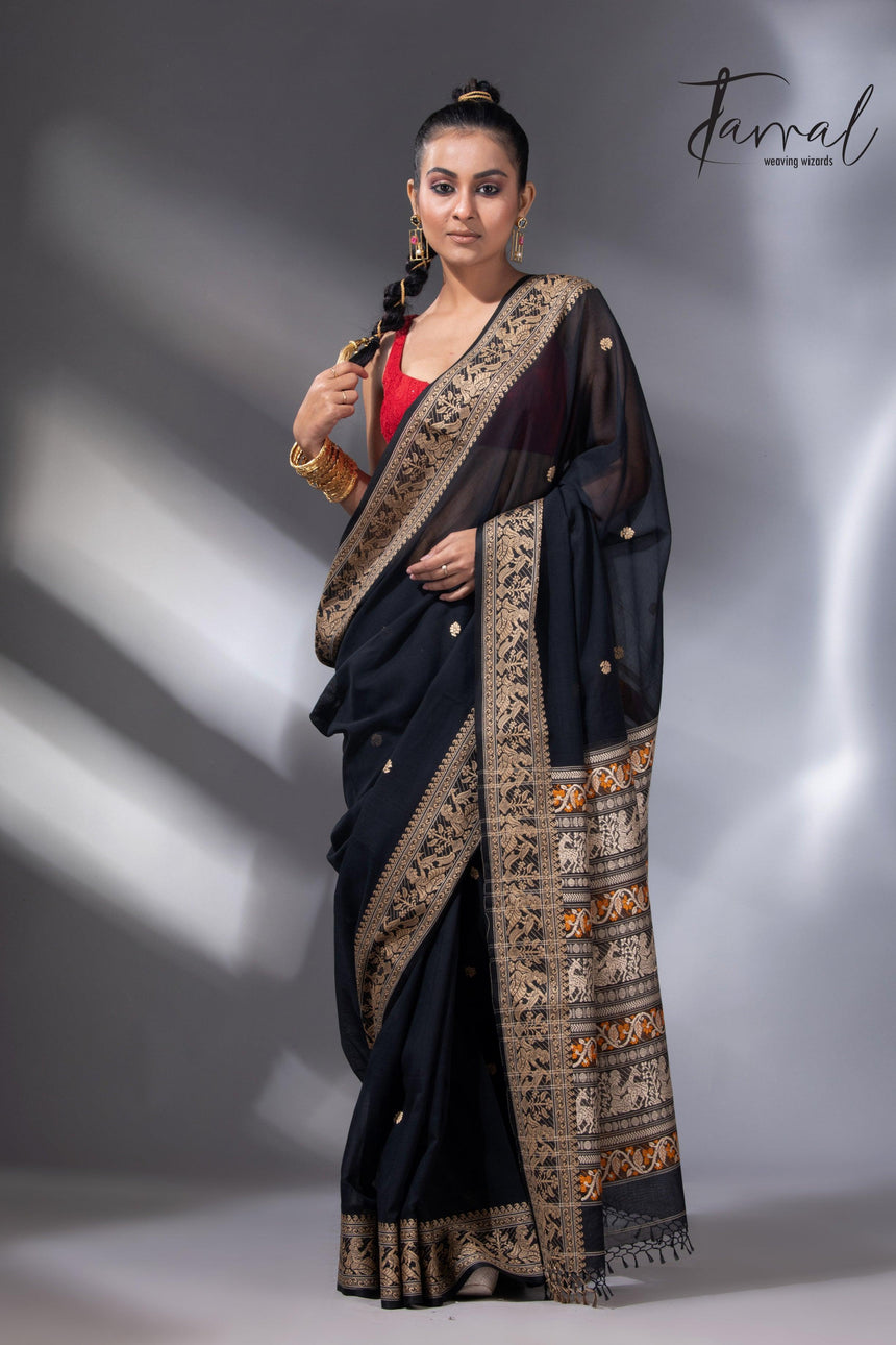 Black colour baluchari design handloom pure cotton saree