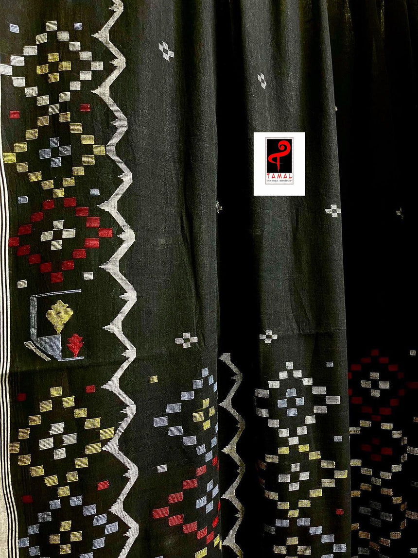Black colour pure cotton traditional handwoven jamadani saree