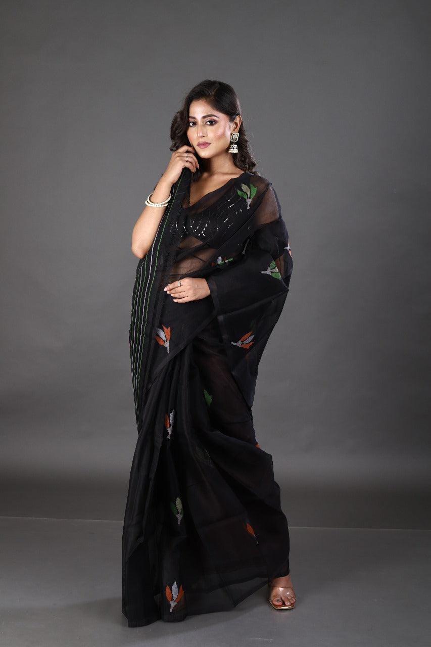 Black with multicolour floral muslin silk handwoven jamdani saree - Tamal Boutique
