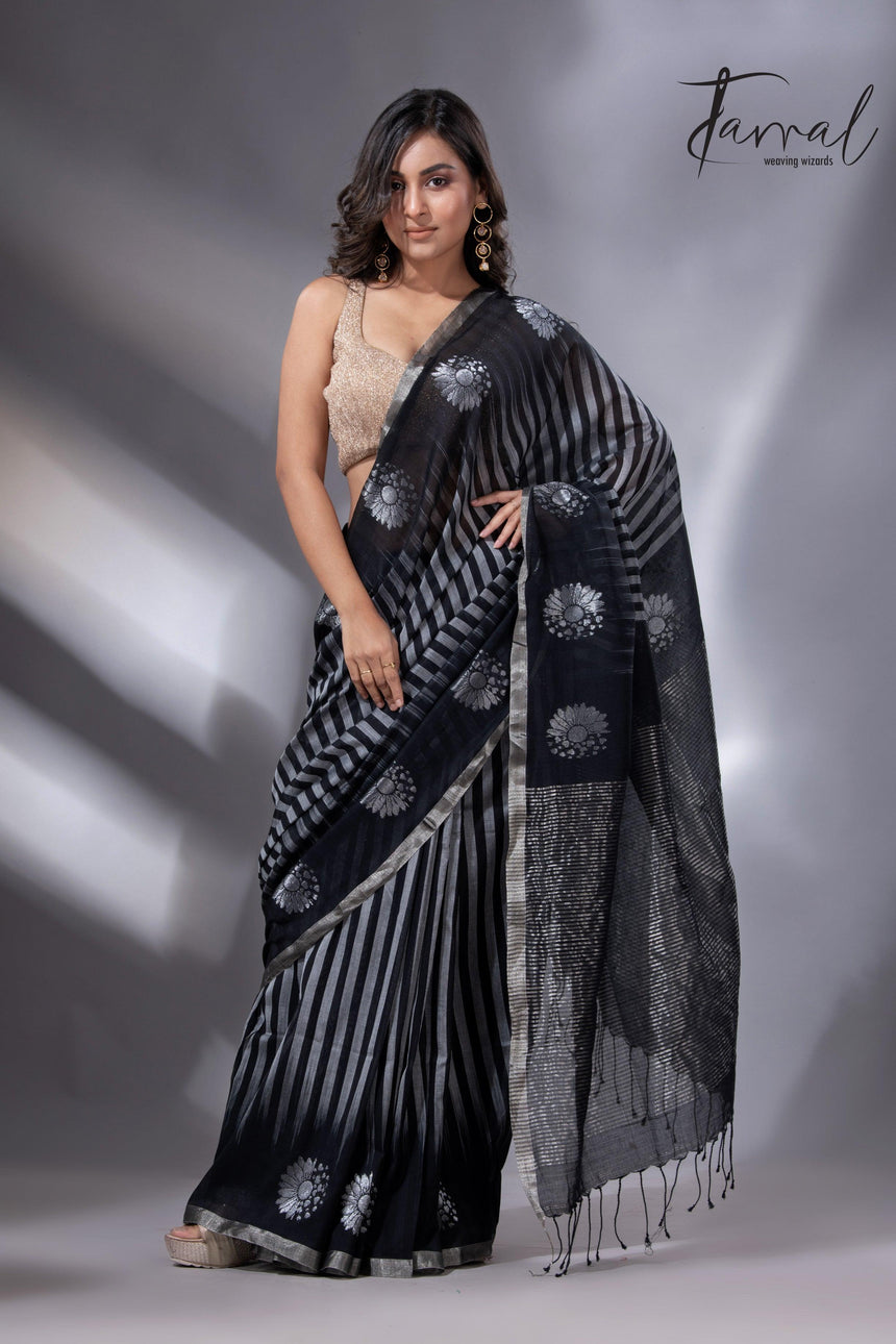 Black colour with zari striped pure cotton handloom saree