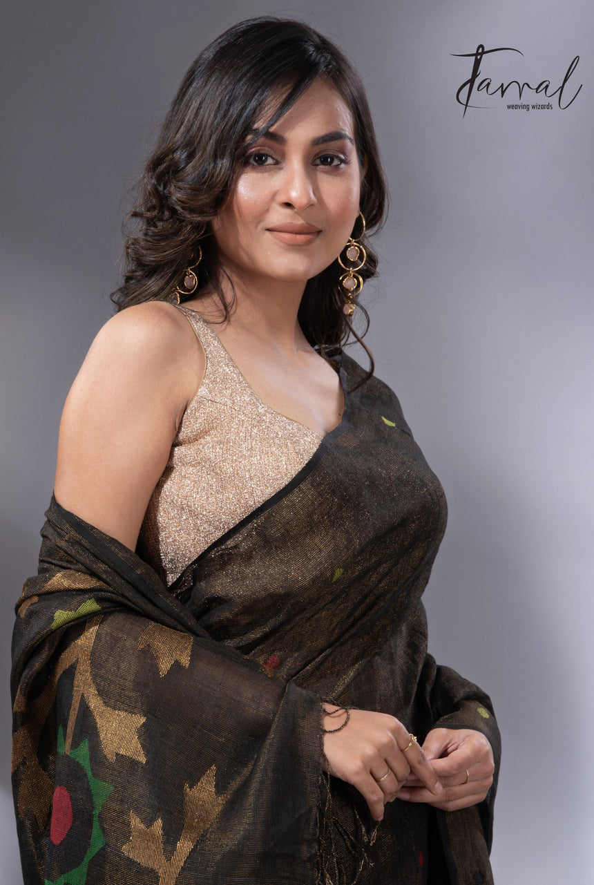 Black colour zari linen handwoven jamdani saree closeup