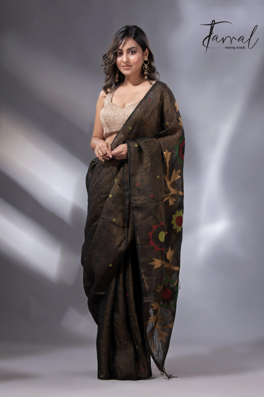 Black colour zari linen handwoven jamdani saree full