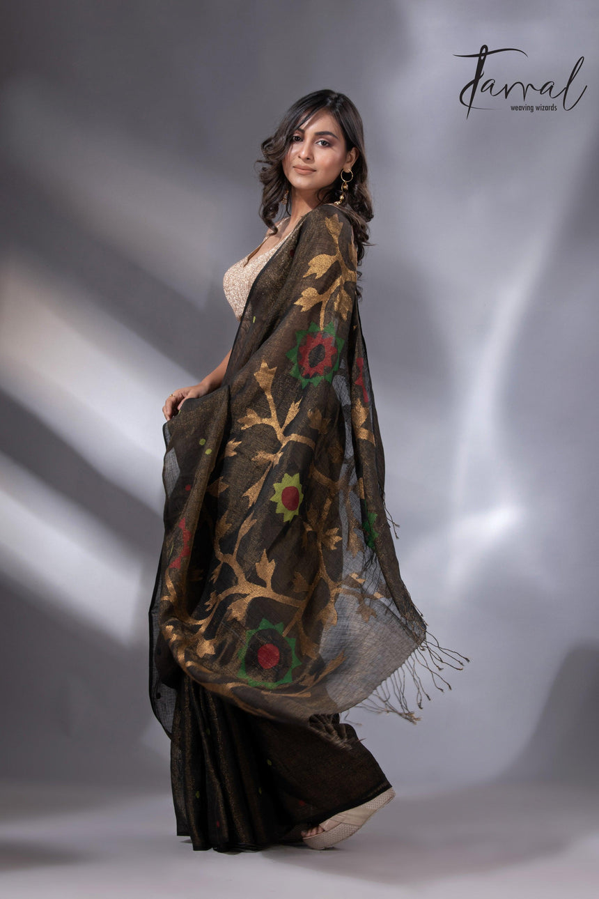 Black colour zari linen handwoven jamdani saree right