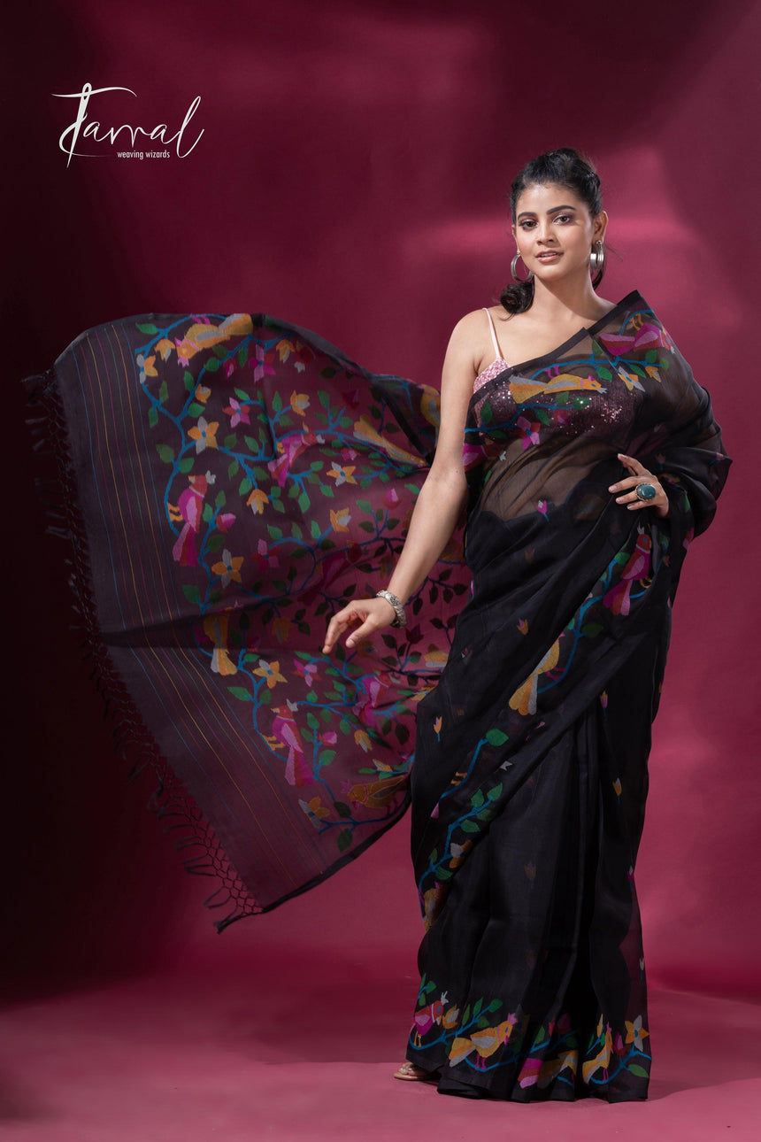 Black  floral motifs floral motifs muslin silk handwoven jamdani saree