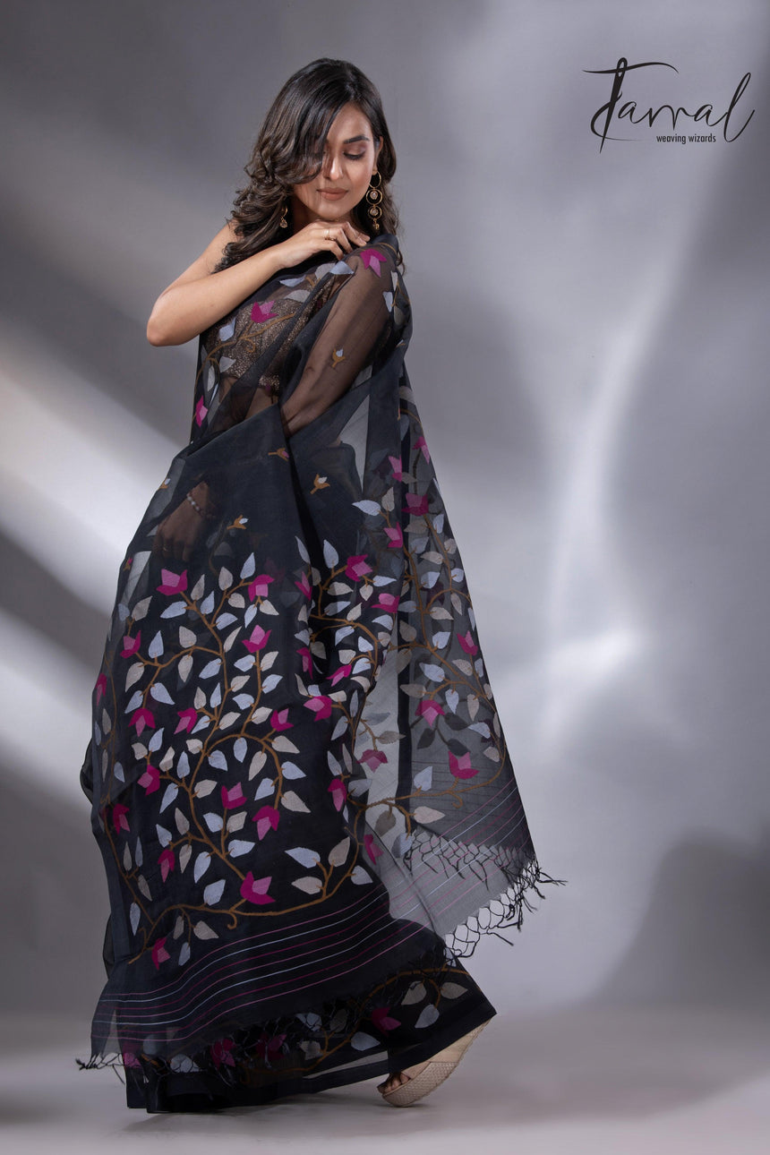 Black with multi colour muslin silk floral handwoven jamdani saree - Tamal Boutique