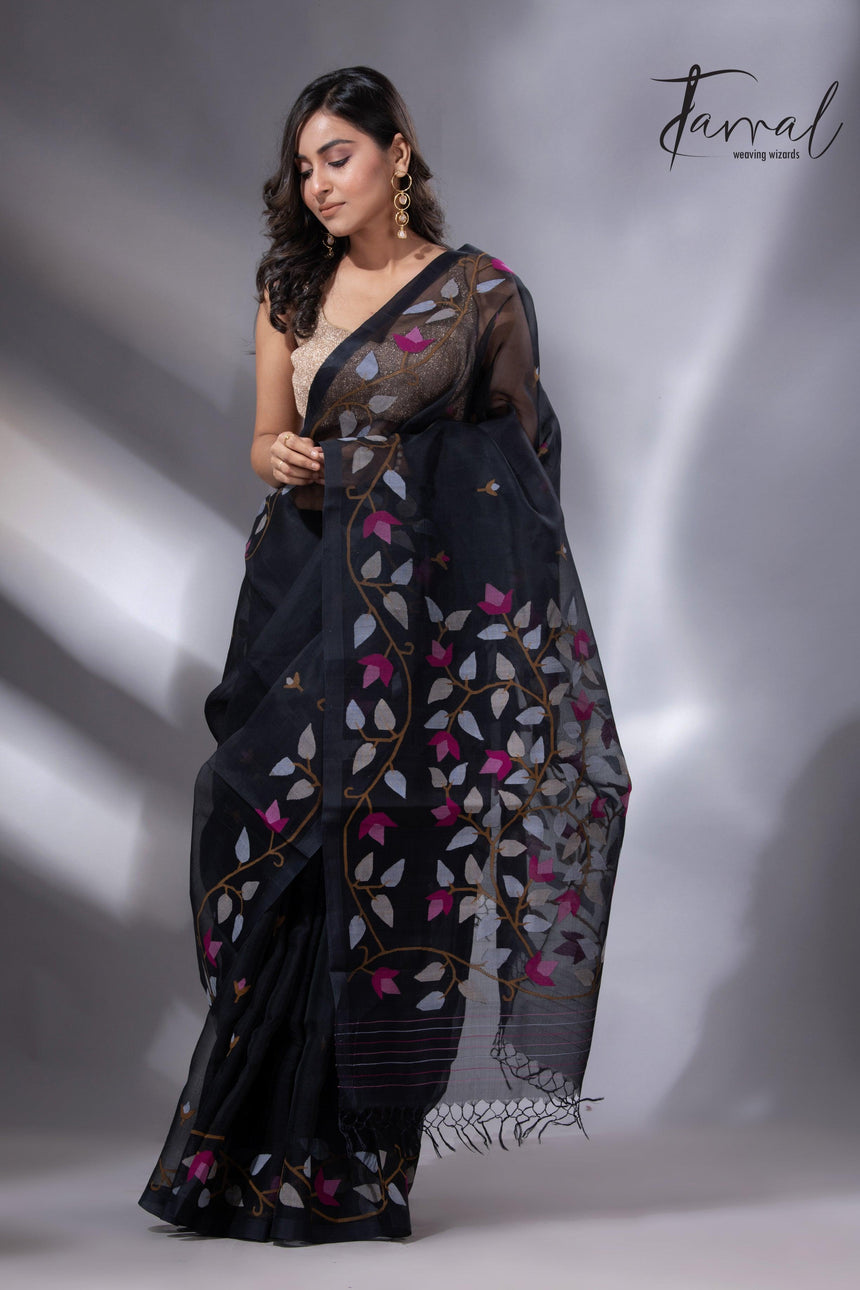 Black with multi colour muslin silk floral handwoven jamdani saree - Tamal Boutique
