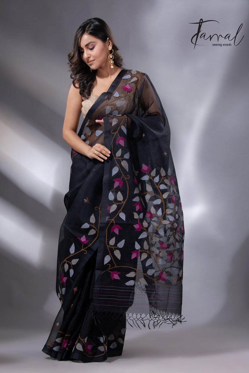 Black with multi colour muslin silk floral handwoven jamdani saree - Tamal Boutique