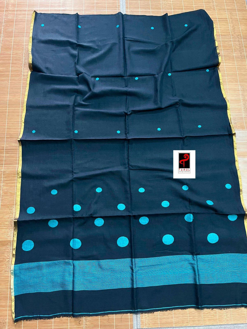 Black with firoza colour palka dot cotton handwoven jamadani kurti & dupatta set - Tamal Boutique