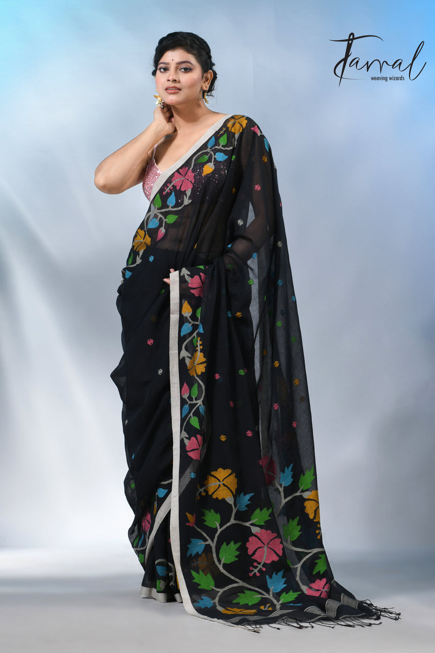 Black pure cotton hibiscus floral handwoven jamdani saree